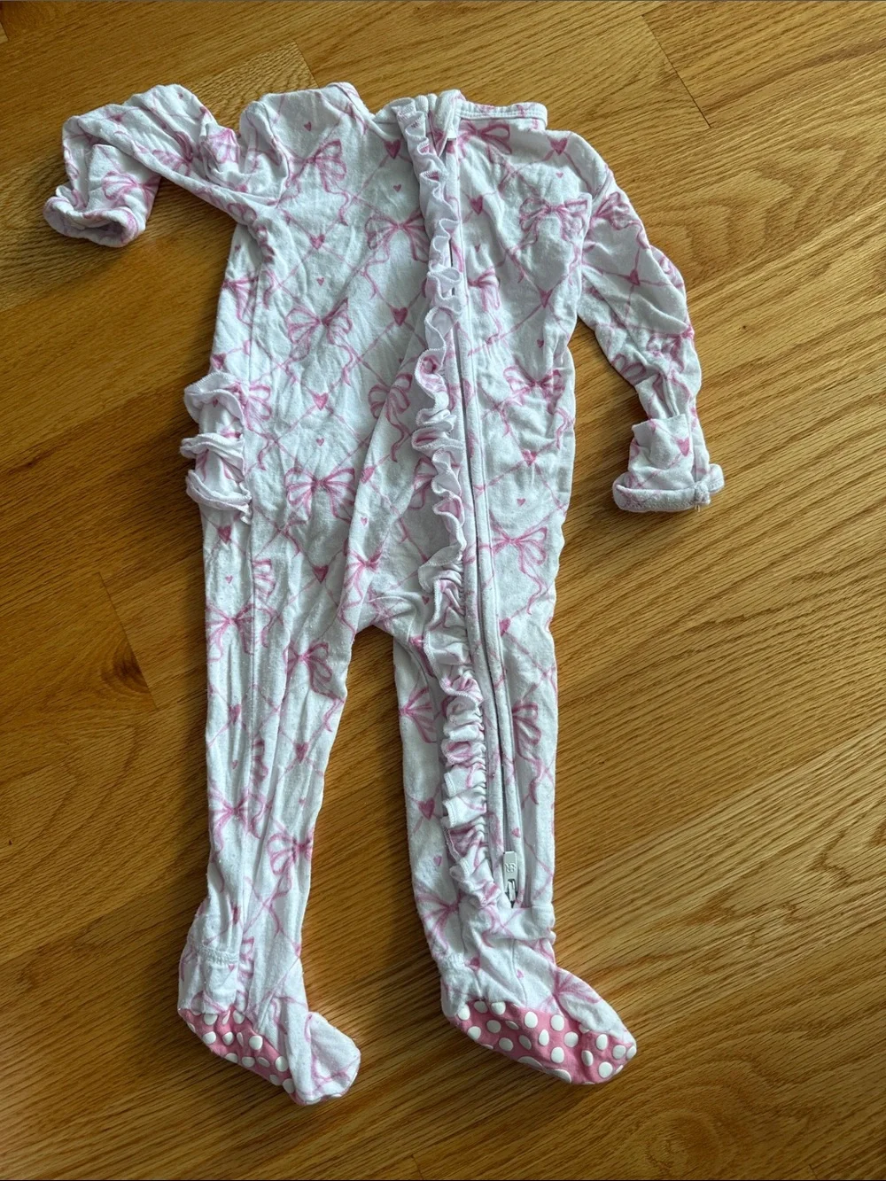 Baby Girls White Footed One-Piece with Pink Bow Print and Ruffle Trim